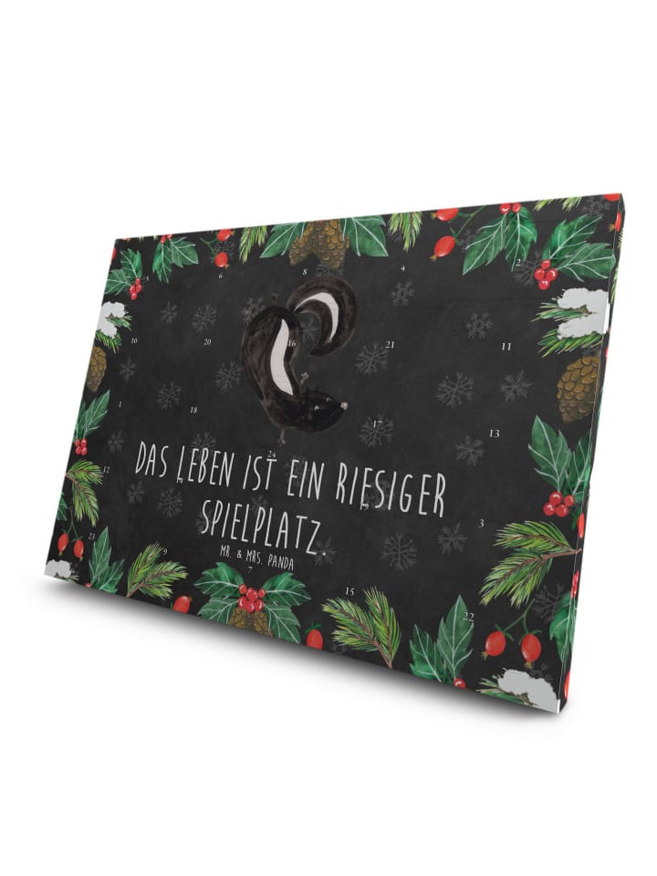 Advents-Teekalender Stinktier Handstand mit Spruch in Kreidetafel