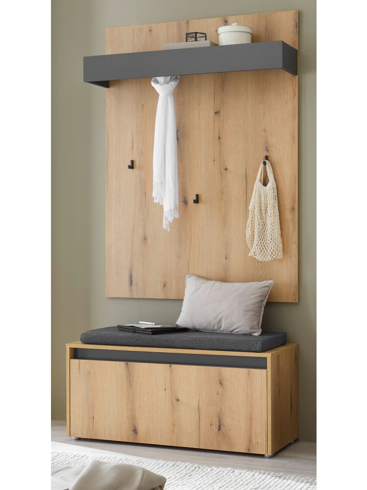 Garderoben-Set Evoke Eiche, grau 100 cm 3-teilig, Flurgarderobe inkl. Sitzkissen