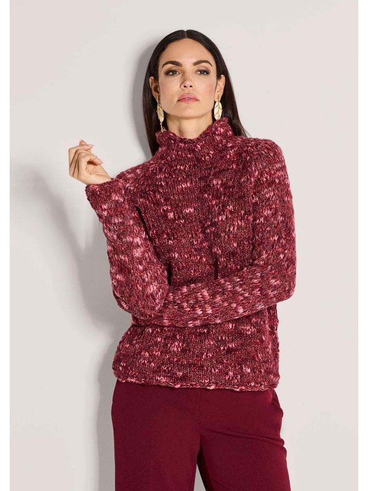 Eleganter Grobstrickpullover mit Stehkragen in portwein / multicolor