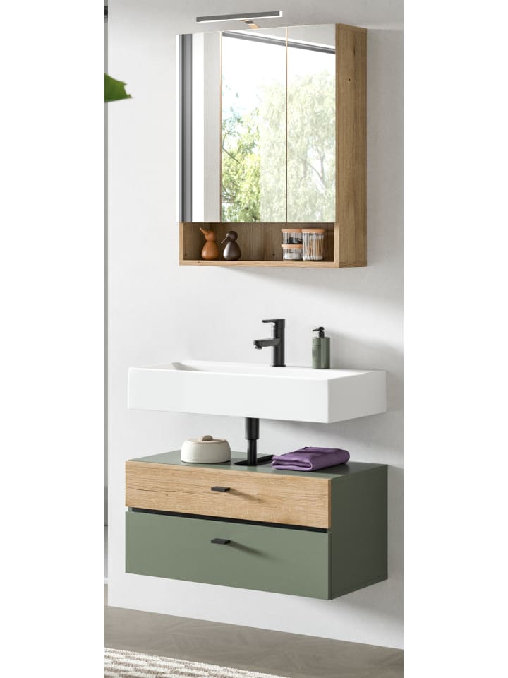 Badmöbel-Set grün, Evoke Eiche 2-teilig 75 cm, Badkombination in modernem Design
