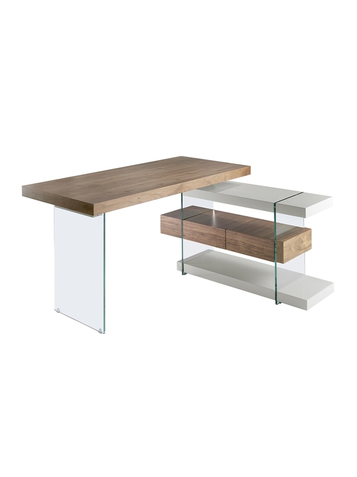 Schreibtisch 3003 in Walnuss / Glas / Grau – (B)140 x (H)75 x (T)127 cm