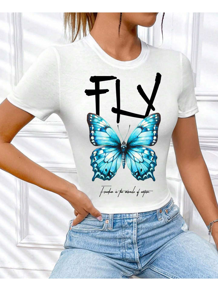 T-Shirt Butterfly WEISS-Türkis