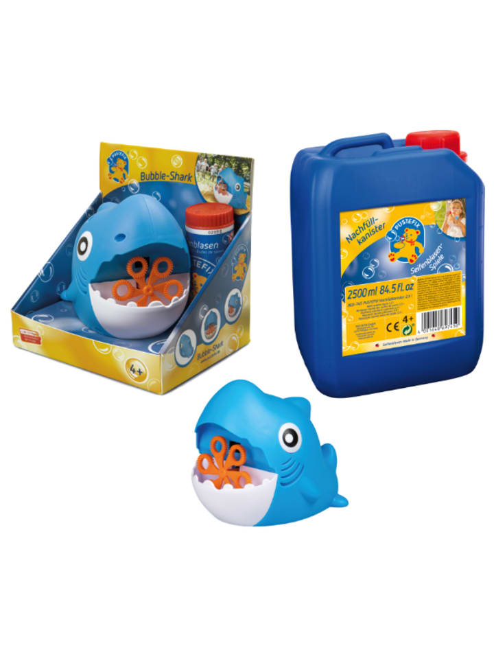 PUSTEFIX Mini Seifenblasenmaschine Hai + PUSTEFIX Nachfüllkanister 2,5 Liter