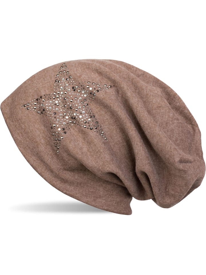 Beanie Mütze mit Strass Stern in Taupe meliert