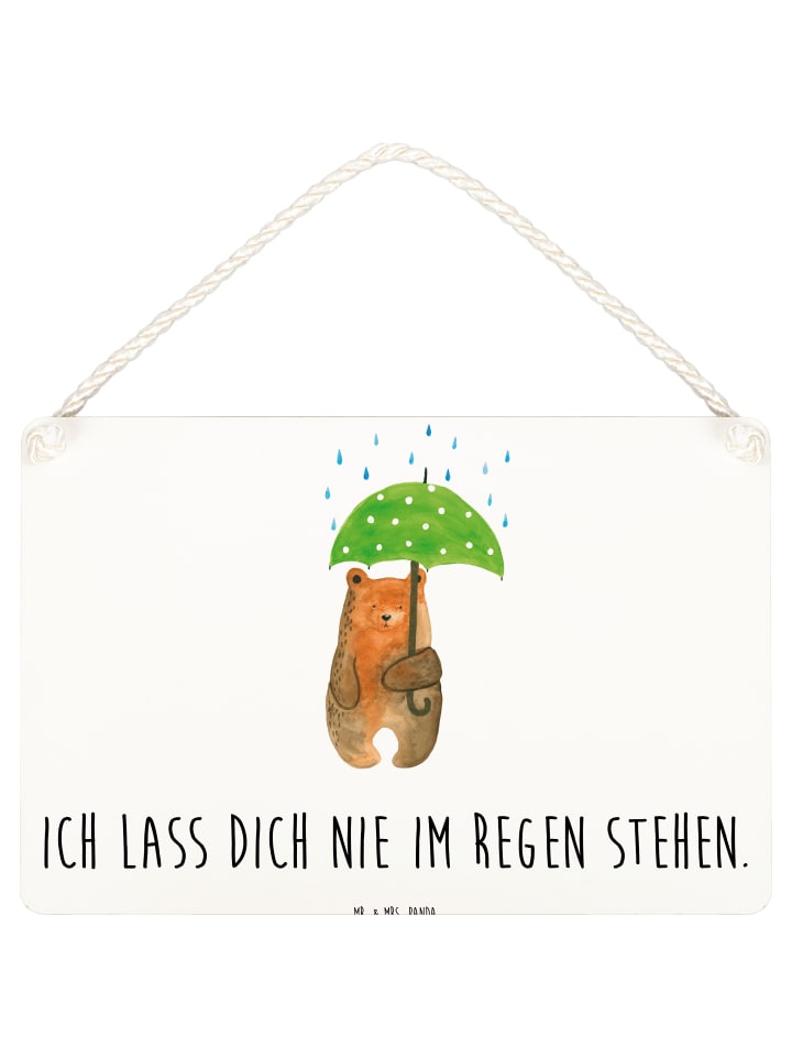 Wandbild Holz Bär Regenschirm mit Spruch in Weiß