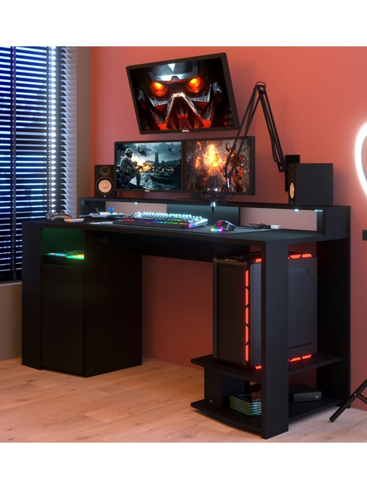 Gamingtisch schwarz, mit Monitorpodest und LED Beleuchtung