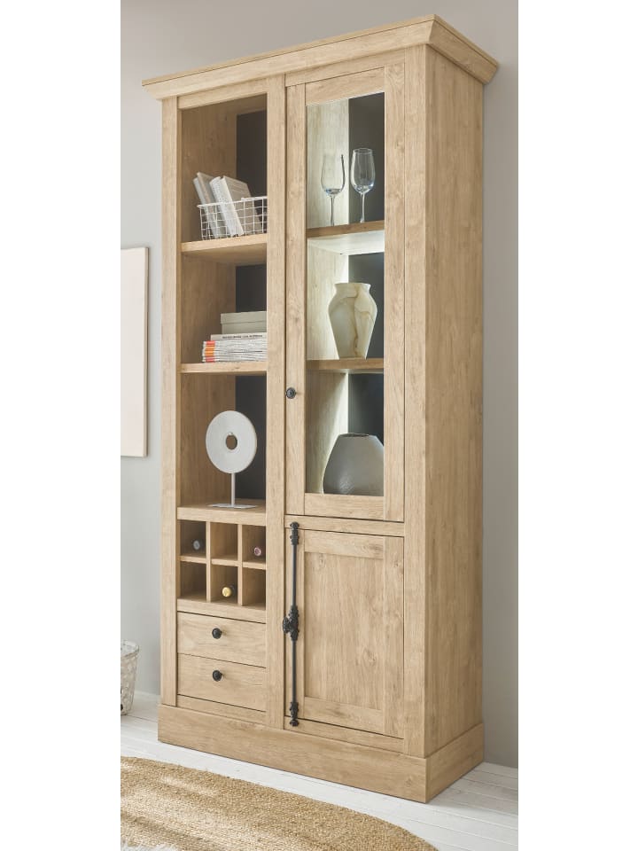 Vitrine Eiche Gold Landhaus 105 x 214 cm, Vitrinenschrank mit Soft-Close