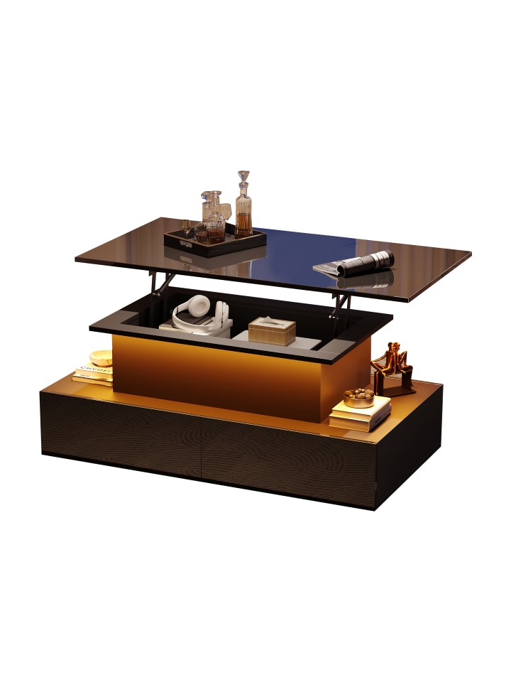 Couchtisch in Schwarz Hochglanz 90x55x41 cm mit LED 4 Schubladen