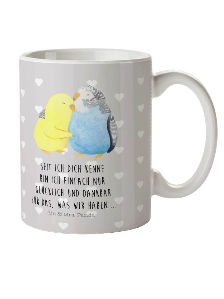 Kaffeebecher Wellensittich Liebe mit Spruch in Grau Pastell