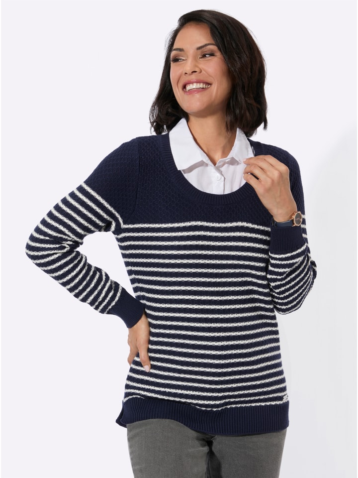 2-in-1-Pullover in marine-ecru-gemustert