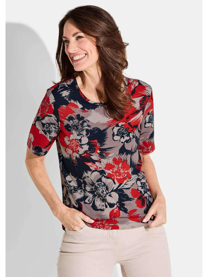 Florales Viskose-Shirt Halbarm in rot / taupe / marine / gemustert