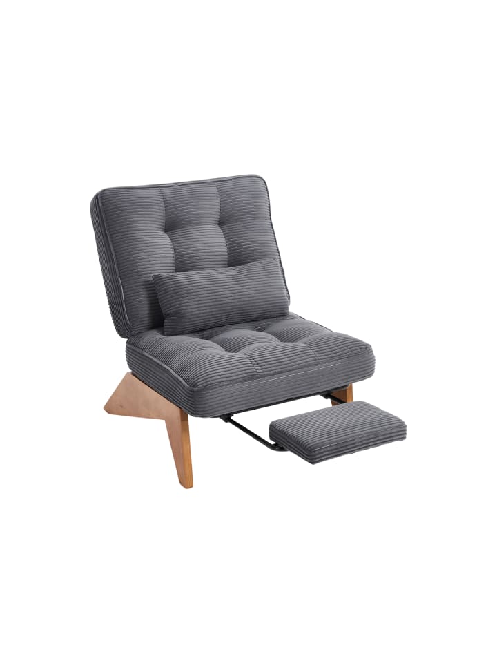 Loungesessel mit Fußstütze mit Lendenkissen und Holzbeinen in Grau