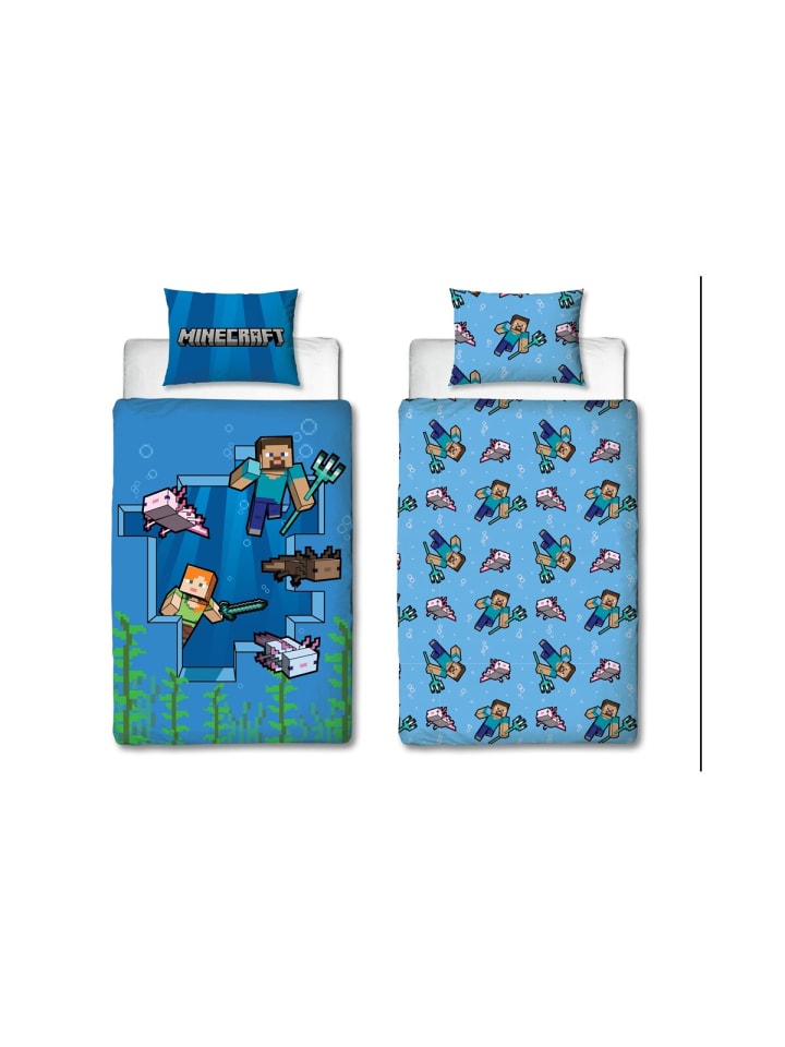 Minecraft Bettwäsche Set 140x200 cm mit 60x70 cm Kissenbezug in blau