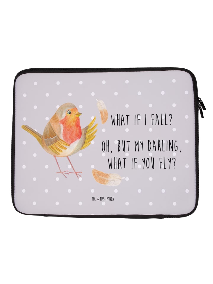 Laptoptasche Rotkehlchen Federn mit Spruch in Grau Pastell