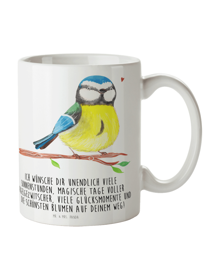 Becher Vogel Blaumeise mit Spruch in Weiß