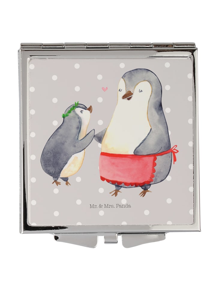 Handtaschenspiegel quadratisch Pinguin mit Kind... in Grau Pastell