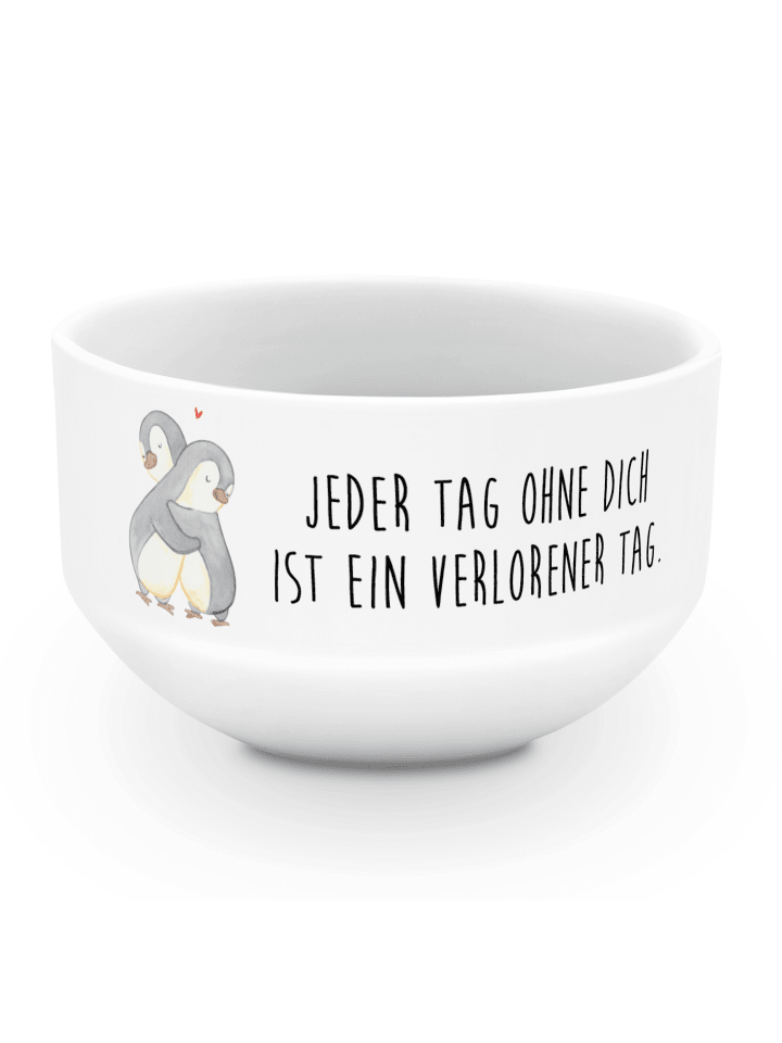 Frühstücksbowl Pinguine Kuscheln mit Spruch in Weiß