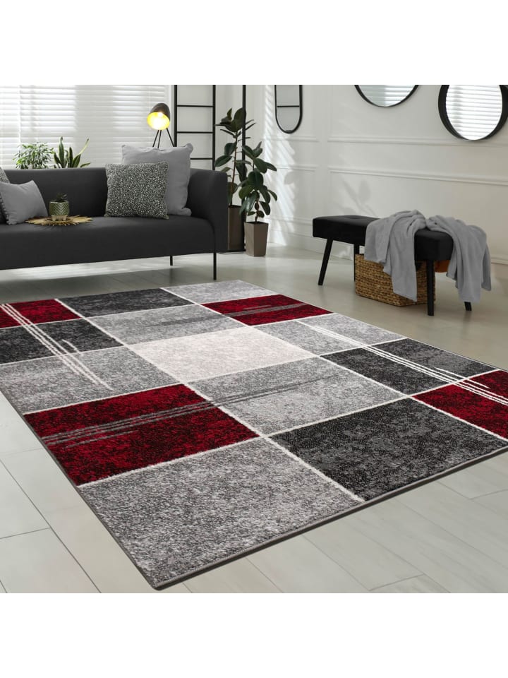 Teppich Kurzflor Karo Wohnzimmer schmutzabweisend in Rot