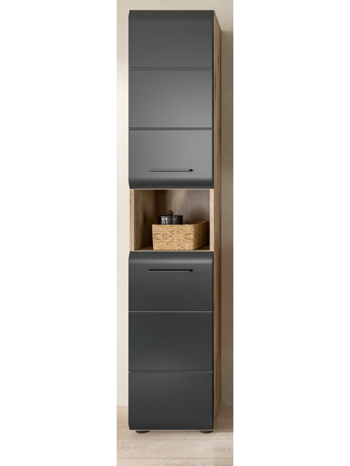 Hochschrank schwarz matt, Eiche Nox, Badschrank 2-türig 30 cm, 7 Fächer