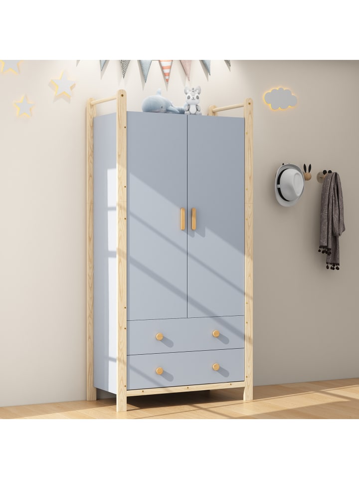 Kleiderschrank in Blau mit 2 Türen Stange 2 Schubladen 90x45x180 cm