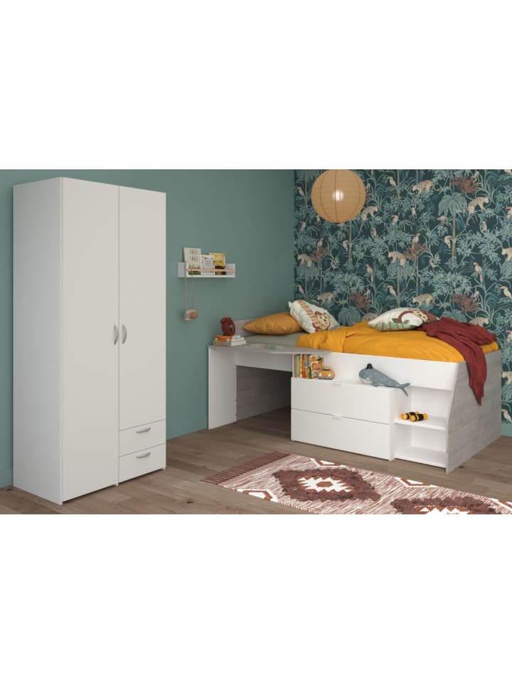 Kinderzimmer weiß, grau, Komplett-Set 2-teilig mit Stauraumbett, Kleiderschrank