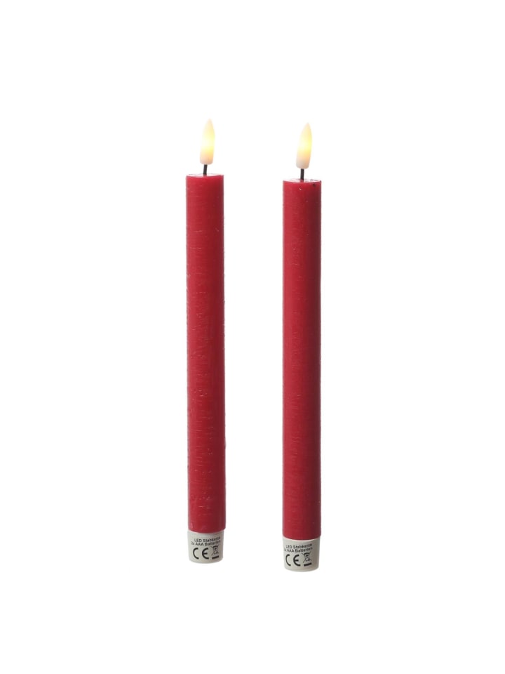 2x LED Stabkerzen LINA Rustik-Optik Echtwachs H: 24cm in rot