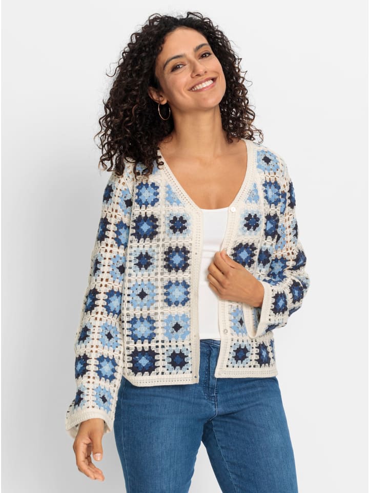 Strickjacke in ecru-jeansblau