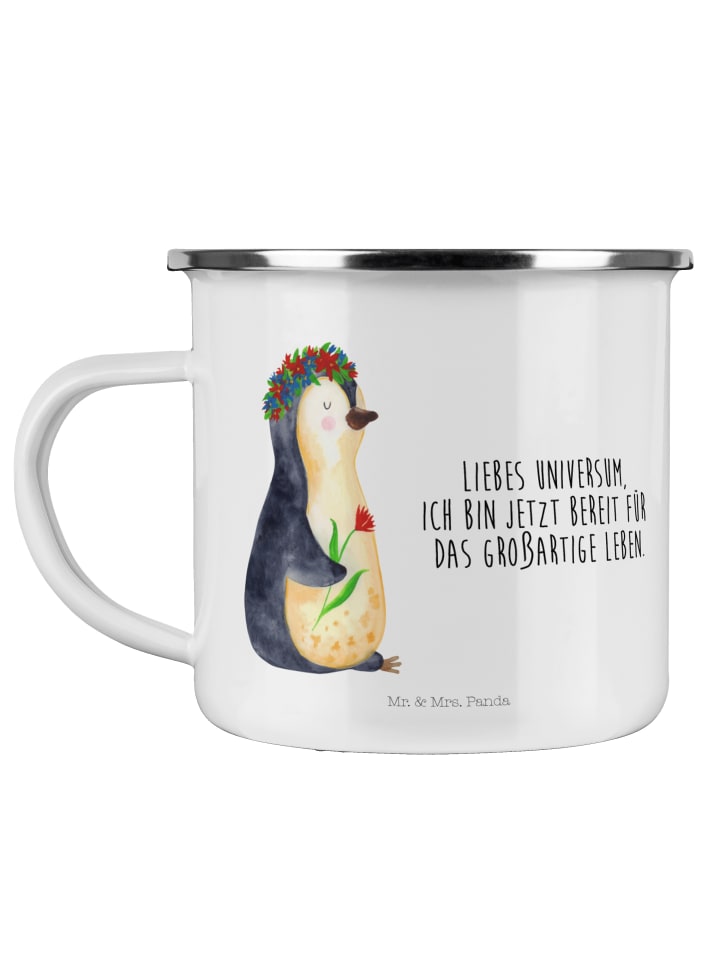 Trinkbecher Pinguin Blumen mit Spruch in Weiß