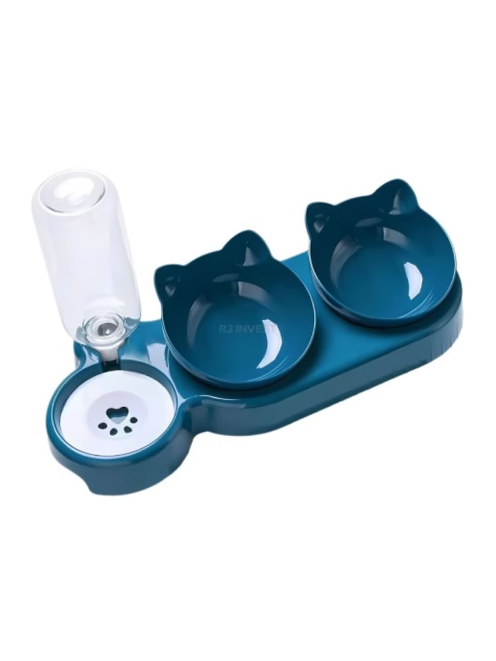 Futternapf-Set mit integriertem Wasserspender - 3in1 Trockenfutter in Blau