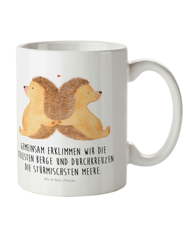 Kaffeebecher Igel händchenhaltend mit Spruch in Weiß