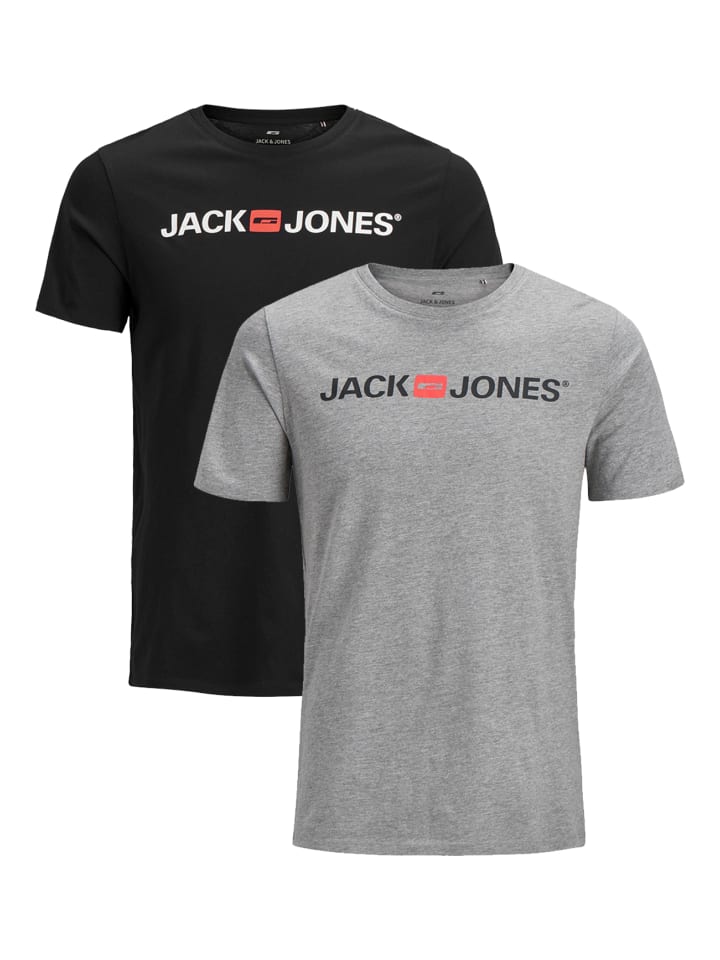 JJECORP LOGO Print Kurzarm 2-er Stück Pack T-Shirt in Grau-Schwarz