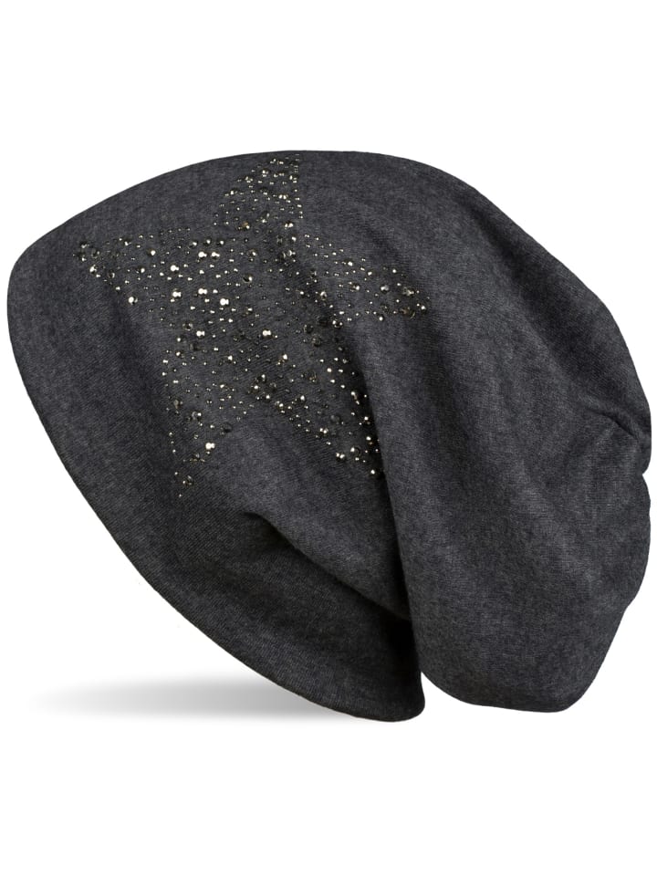 Beanie Mütze mit Strass Stern in Anthrazit meliert