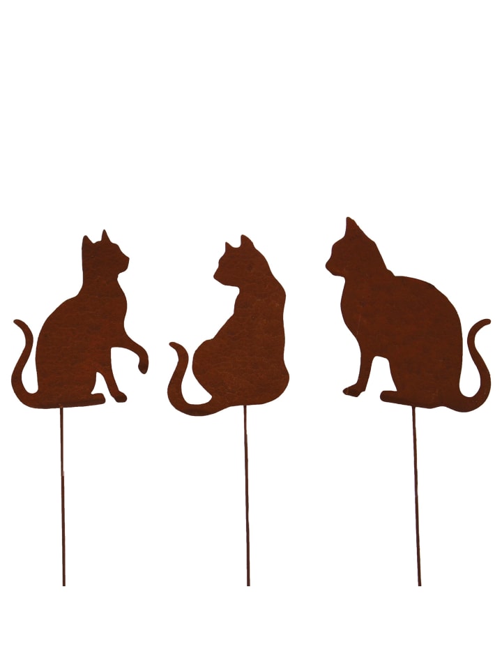3er Set Gartenstecker Rost Katzen in Braun