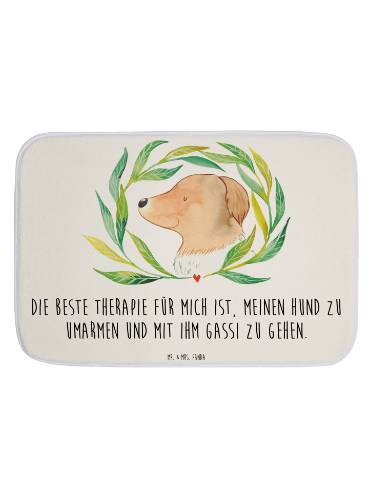 Badezimmerteppich Hund Blumen mit Spruch in Weiß