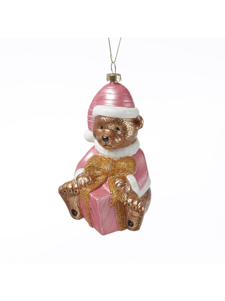 Weihnachtsbaumschmuck Teddybär mit Geschenk bruchfest H: 13cm in rosa