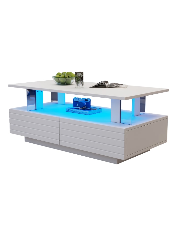 Couchtisch in Weiß mit LED Beleuchtung und Stauraum 100x50x42 cm
