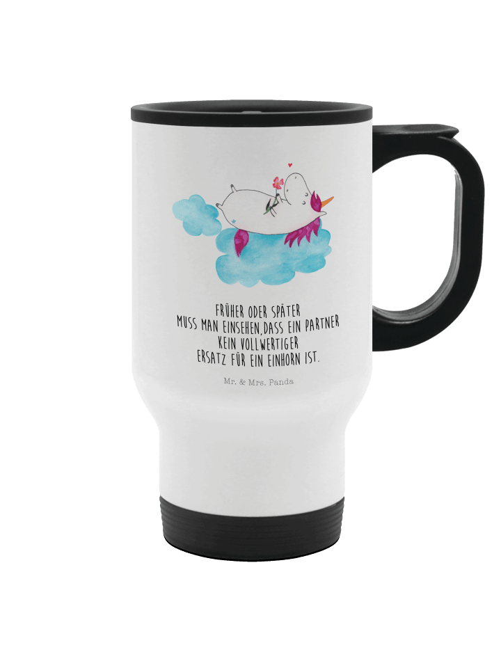 Thermo-Kaffeebecher Einhorn Verliebt mit Spruch in Weiß