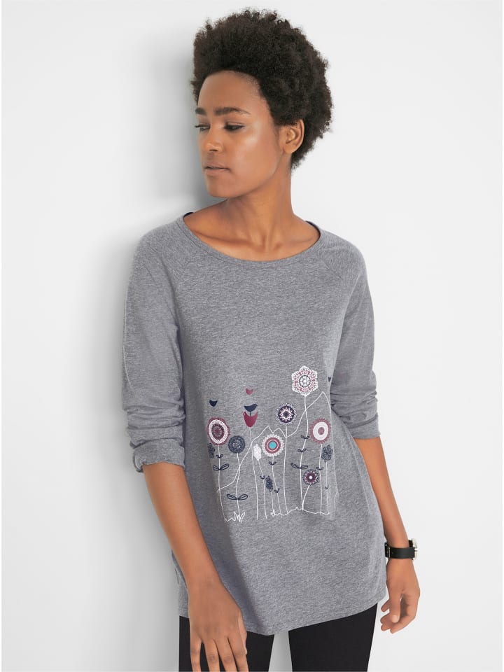 Shirt in steingrau-ecru-bedruckt