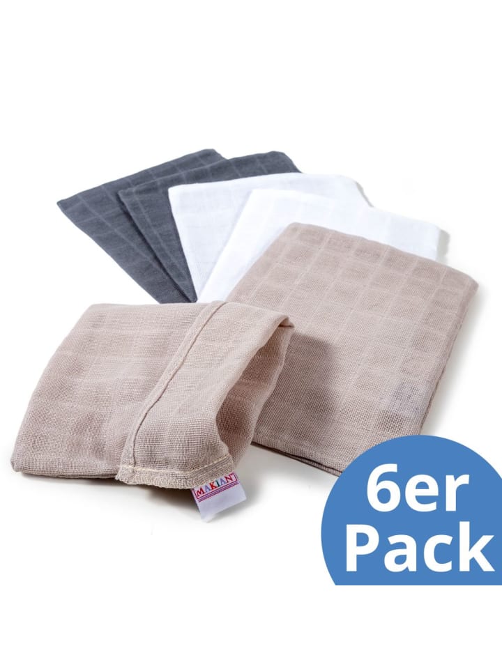 Mull-Waschhandschuh 6er Pack 15 x 20 cm in beige,grau