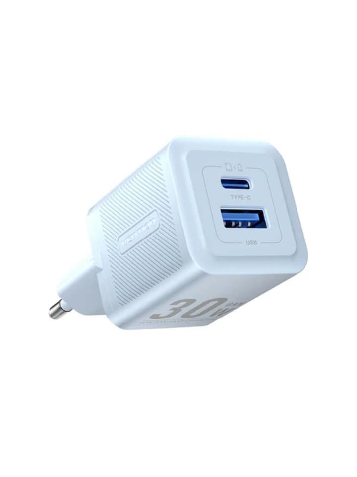Wandladegerät mit 2 Anschlüssen 30W USB-A, USB-C GaN Ladegerät in Blau