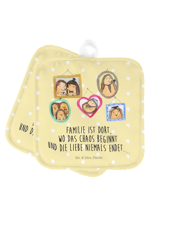 Topflappen Igel Familie mit Spruch in Gelb Pastell