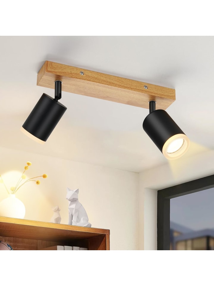 Deckenleuchte in schwarz 2-flammige GU10 Holz Vintage schwenkbar Deckenspots