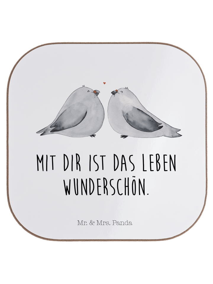 Glas-Untersetzer Turteltauben Liebe mit Spruch in Weiß