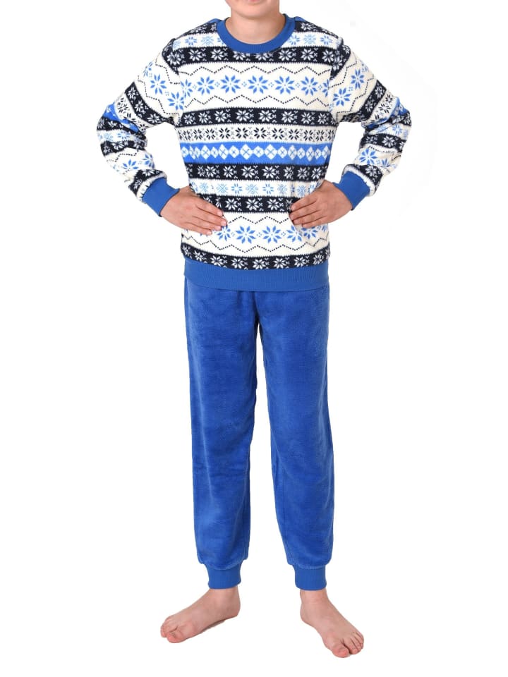 Kinde langarm Schlafanzug Pyjama Bündchen Norweger Coralfleece - 76972 in blau