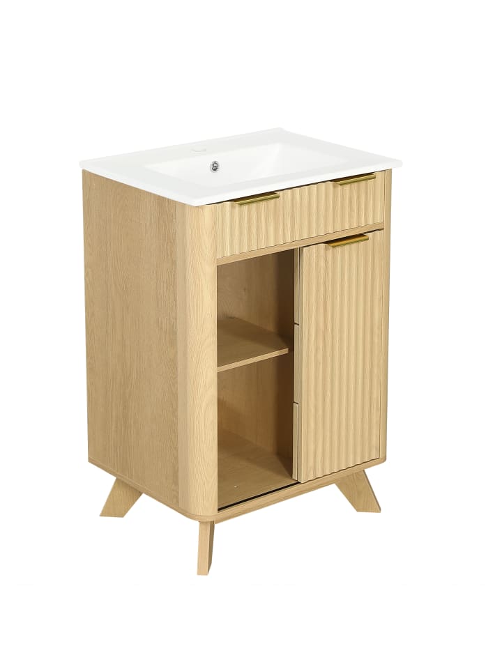 Waschbeckenunterschrank in Holzton 61 cm mit Wellenoptik 3 Schubladen