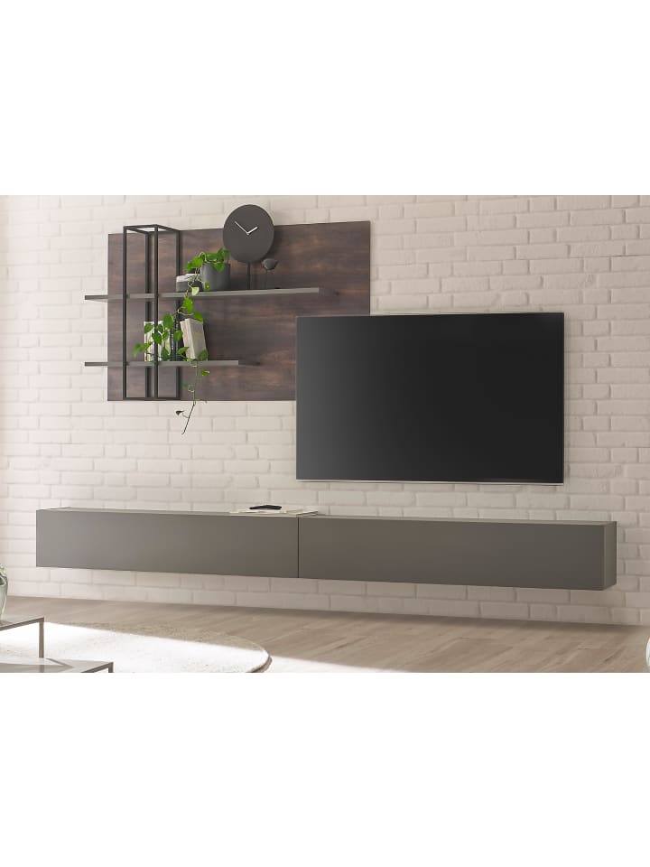 Wohnwand Thermo Eiche, grau, Wohnkombination 3-teilig 304 x 170 cm