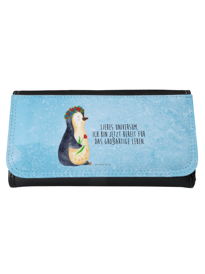 Portemonnaie Pinguin Blumen mit Spruch in Eisblau