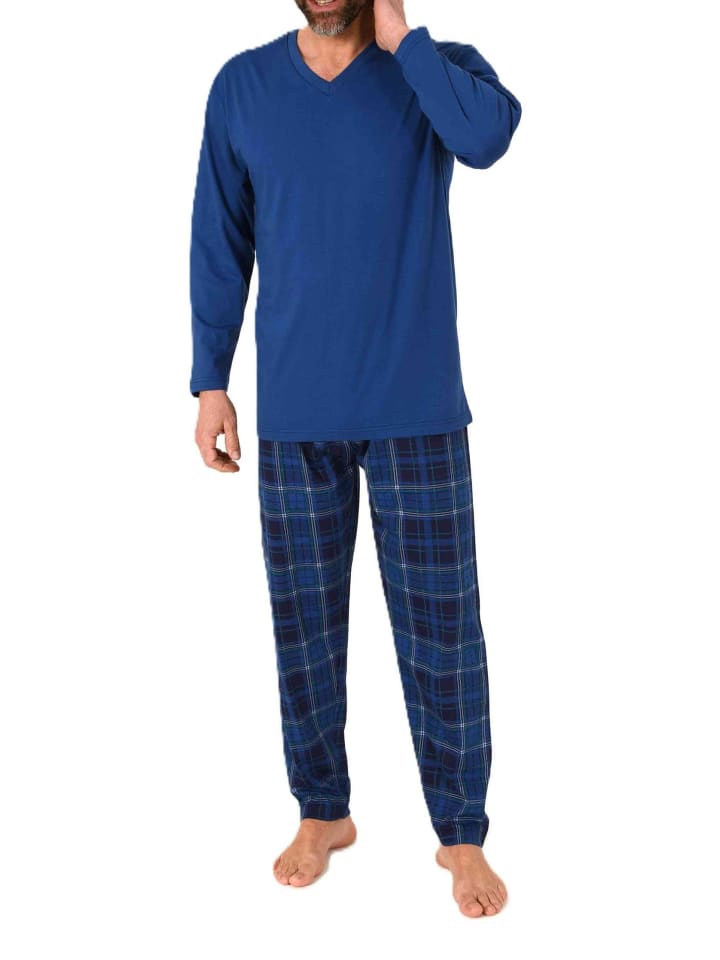 Schlafanzug langarm Pyjama mit karierter Jersey Hose in dunkelblau
