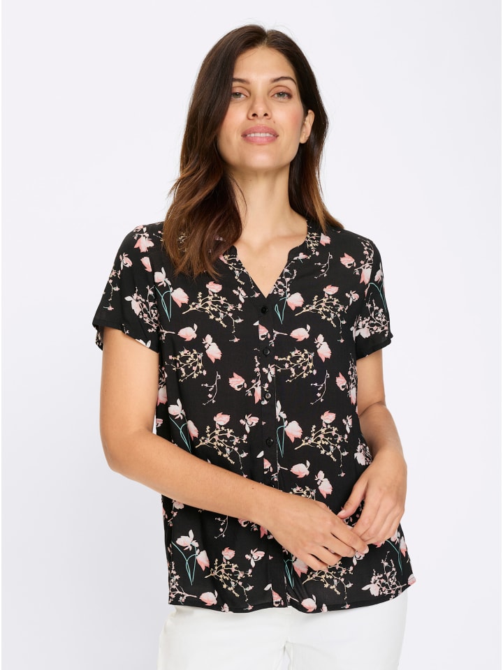 Kurzarm-Bluse in schwarz-flamingo-bedruckt