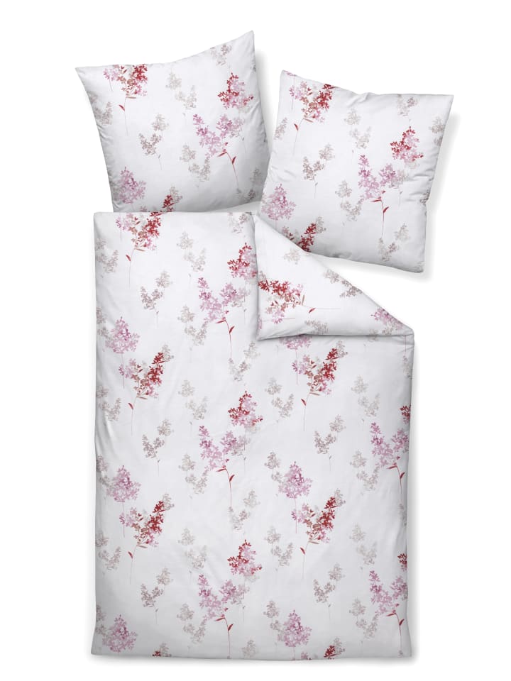 Edel Flanell Bettwäsche Davos - filigrane Blütenzweige, rot rosé in weiß